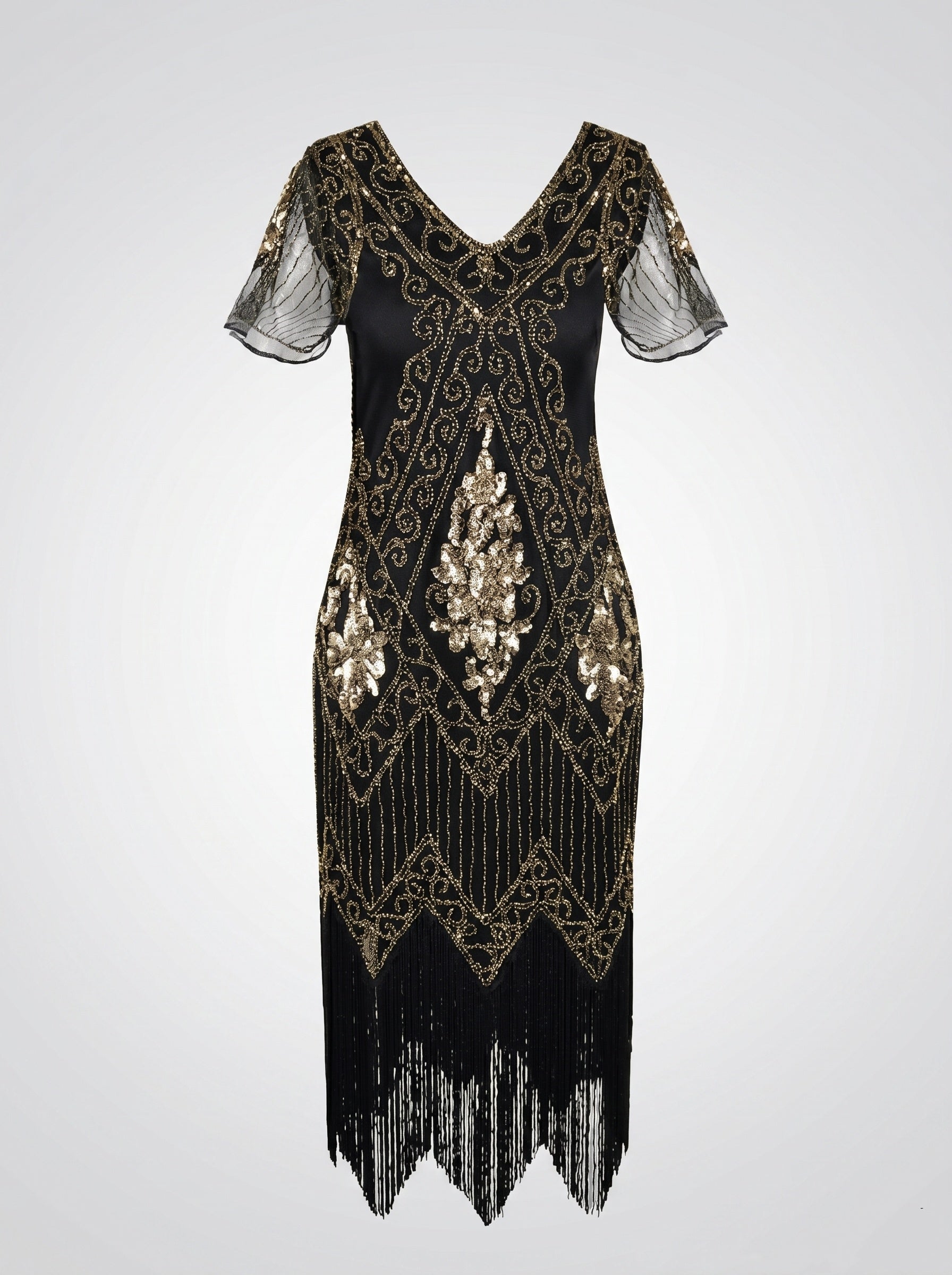 Great Gatsby Vintage Black Flapper Dress Knee-Length Sequins Tassel Fringe V-Neck Carnival Halloween for Women