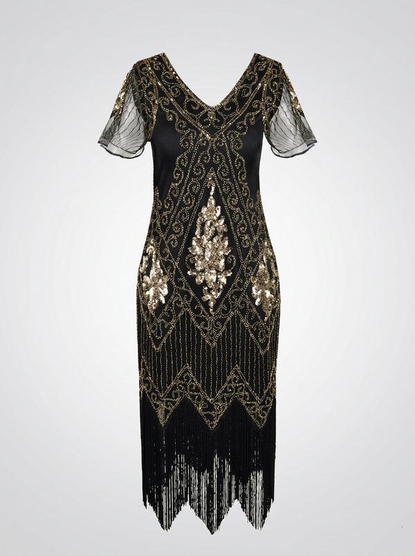 Great Gatsby Vintage Black Flapper Dress Knee-Length Sequins Tassel Fringe V-Neck Carnival Halloween for Women