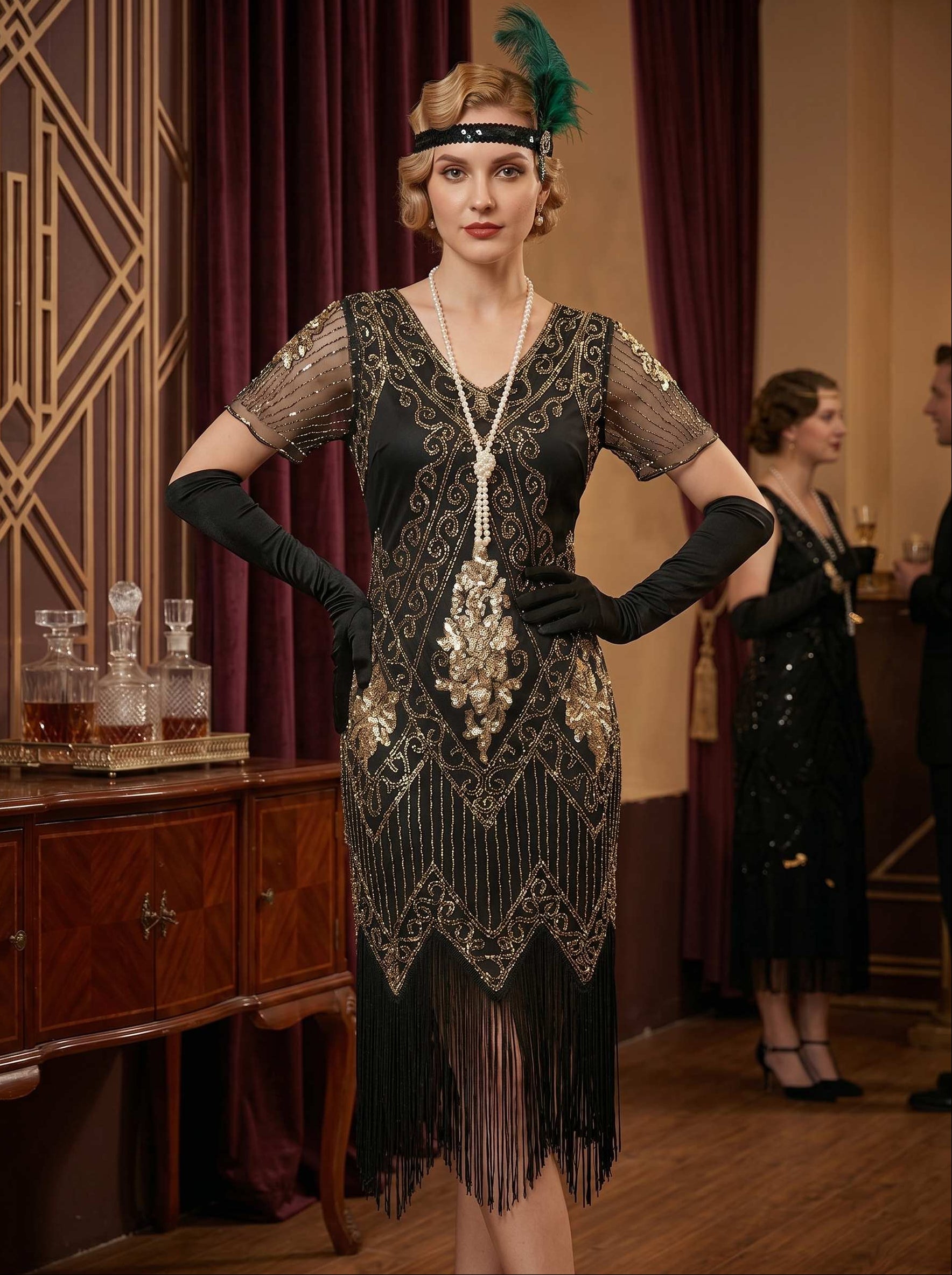 Great Gatsby Vintage Black Flapper Dress Knee-Length Sequins Tassel Fringe V-Neck Carnival Halloween for Women
