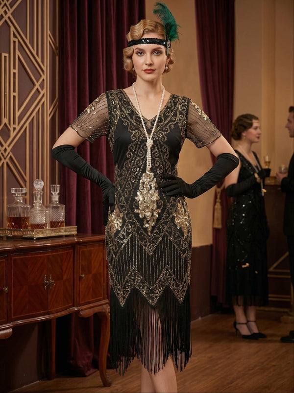 Great Gatsby Vintage Black Flapper Dress Knee-Length Sequins Tassel Fringe V-Neck Carnival Halloween for Women