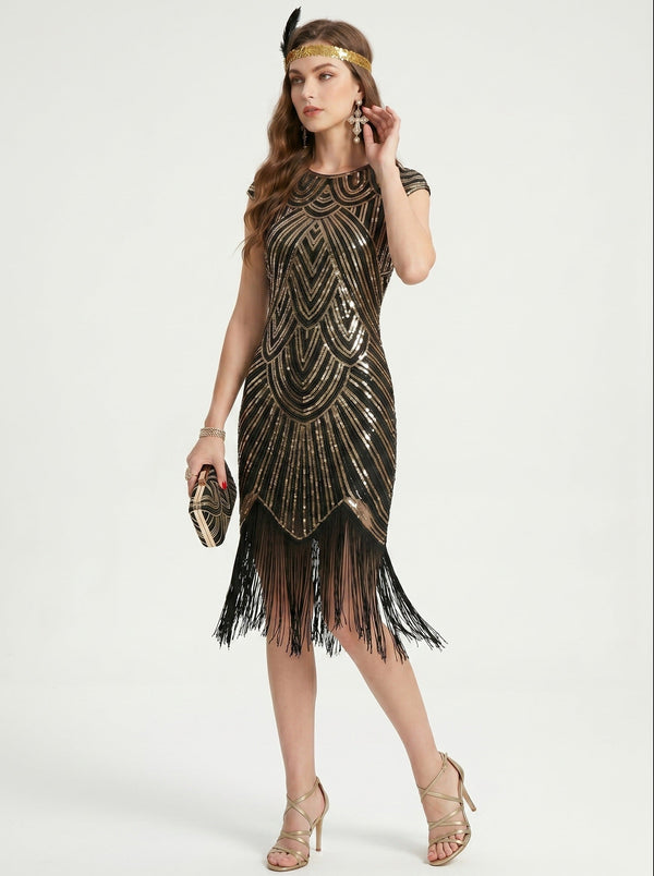 Great Gatsby Vintage Flapper Dress Knee-Length Sequins Tassel Fringe Scoop Neck Women's Prom Evening Party for Women