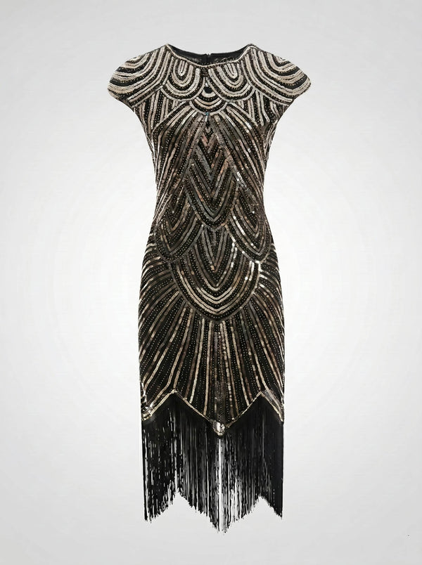 Great Gatsby Vintage Flapper Dress Knee-Length Sequins Tassel Fringe Scoop Neck Women's Prom Evening Party for Women