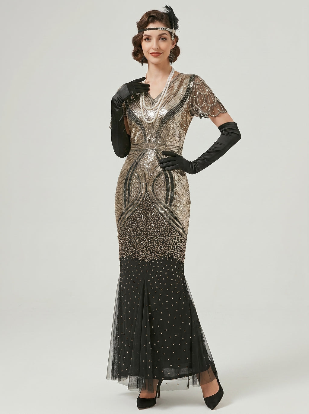 Great Gatsby Vintage Black Flapper Dress Ankle-Length Sequins V-Neck Carnival Halloween for Women