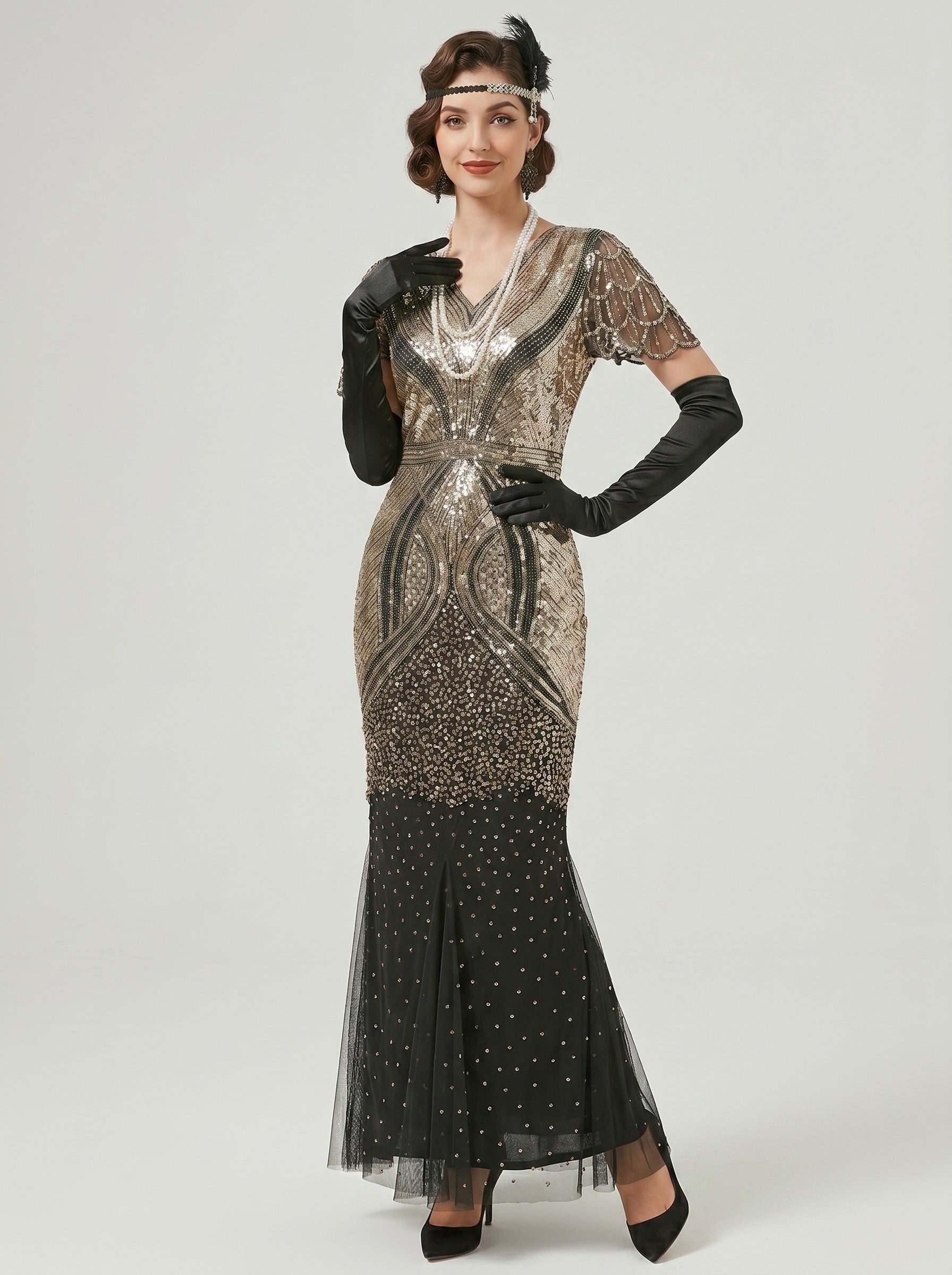 Great Gatsby Vintage Black Flapper Dress Ankle-Length Sequins V-Neck Carnival Halloween for Women