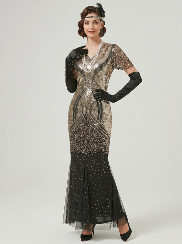 Great Gatsby Vintage Black Flapper Dress Ankle-Length Sequins V-Neck Carnival Halloween for Women