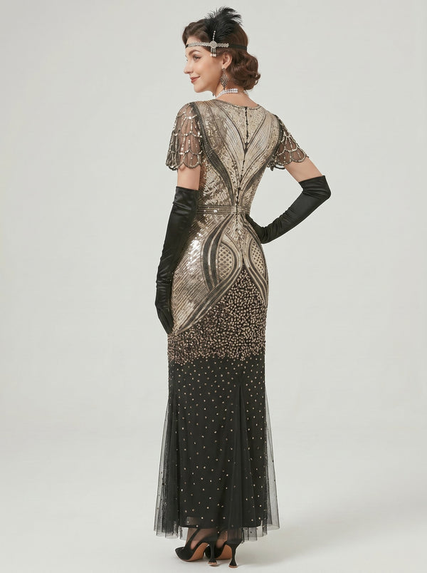 Great Gatsby Vintage Black Flapper Dress Ankle-Length Sequins V-Neck Carnival Halloween for Women