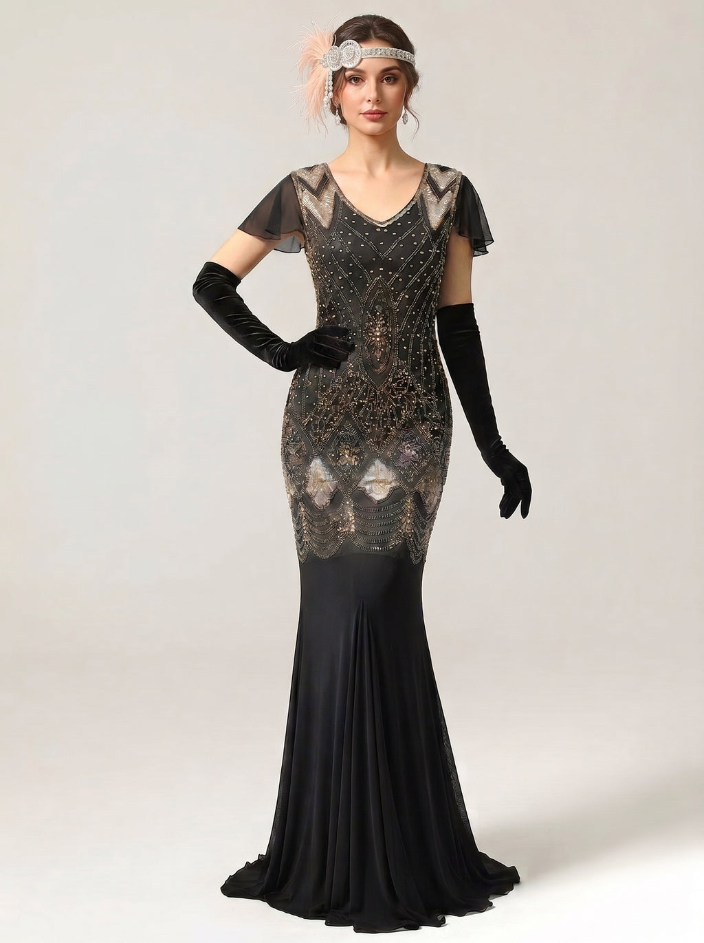 Great Gatsby Vintage Mermaid Floor-Length Sequins V-Neck Women's Prom Evening Party for Women