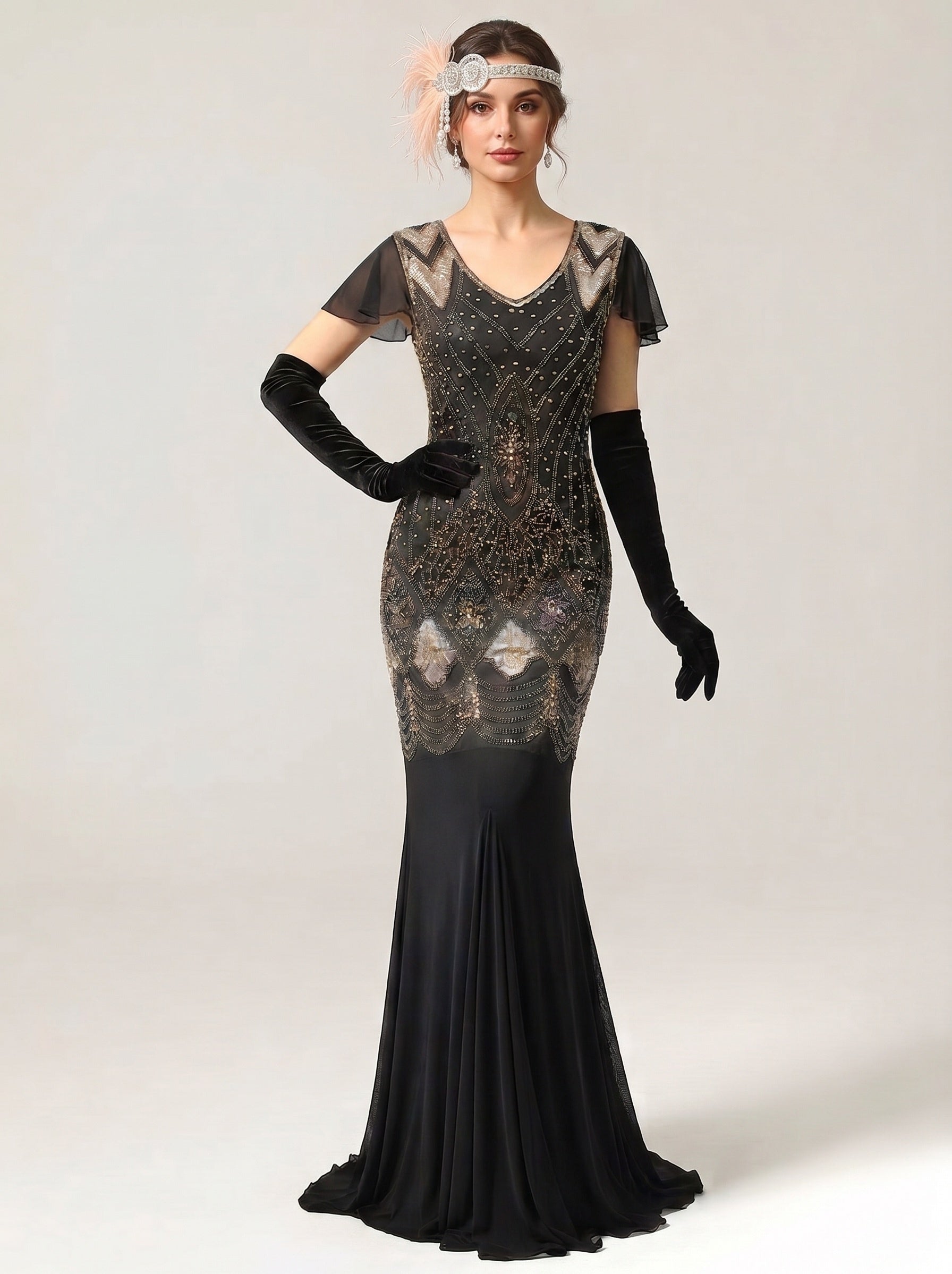 Great Gatsby Vintage Mermaid Floor-Length Sequins V-Neck Women's Prom Evening Party for Women