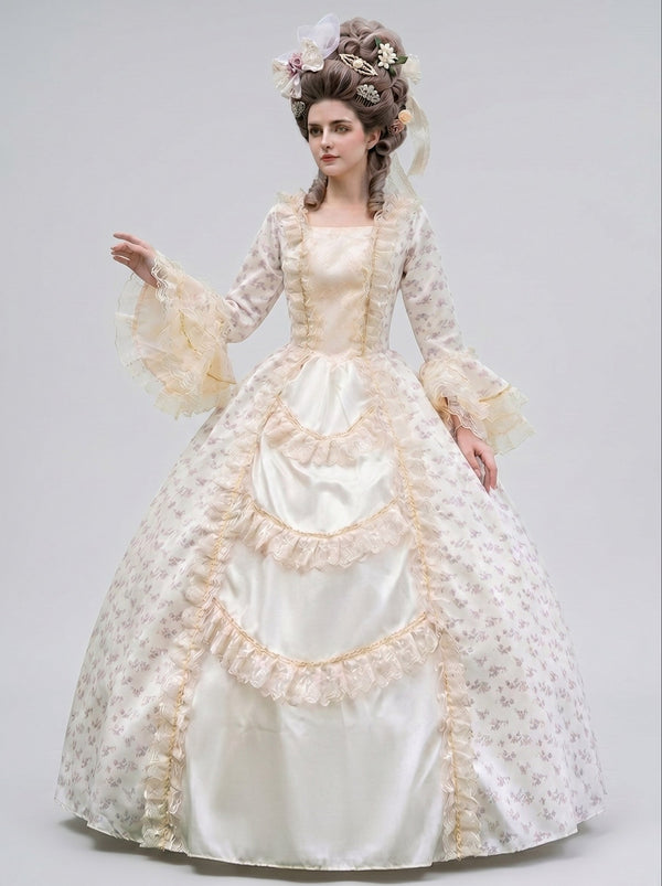 Rococo Vintage Champagne Victorian Court Retro Fantasy Costume Princess Ankle-Length Lace Square Collar LARP Fashion Show Portrait Photography