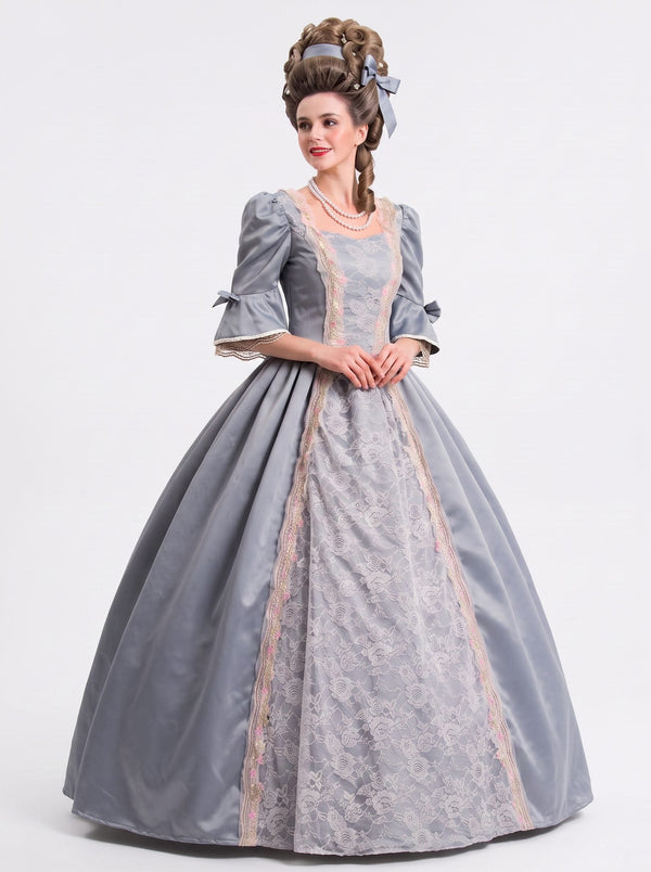 Rococo Vintage Blue-Gray Court Retro Queen Fantasy Costume Princess Ankle-Length Lace Square Collar Fashion Show Portrait Photography LARP Halloween