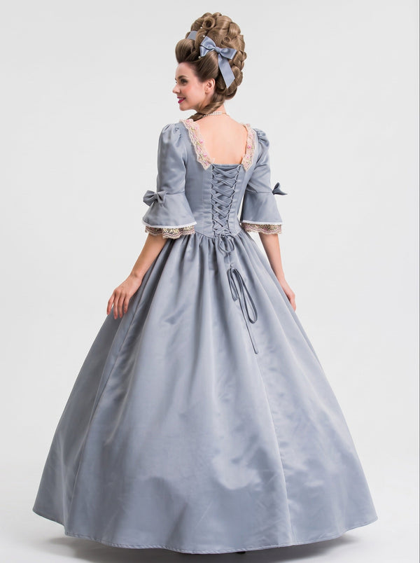 Rococo Vintage Blue-Gray Court Retro Queen Fantasy Costume Princess Ankle-Length Lace Square Collar Fashion Show Portrait Photography LARP Halloween