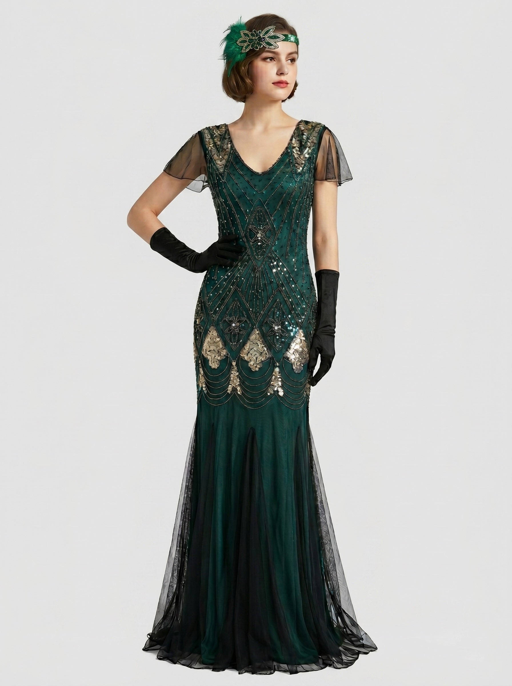 Great Gatsby Vintage Short Sleeves Floor-Length Sequins V-Neck Carnival for Women