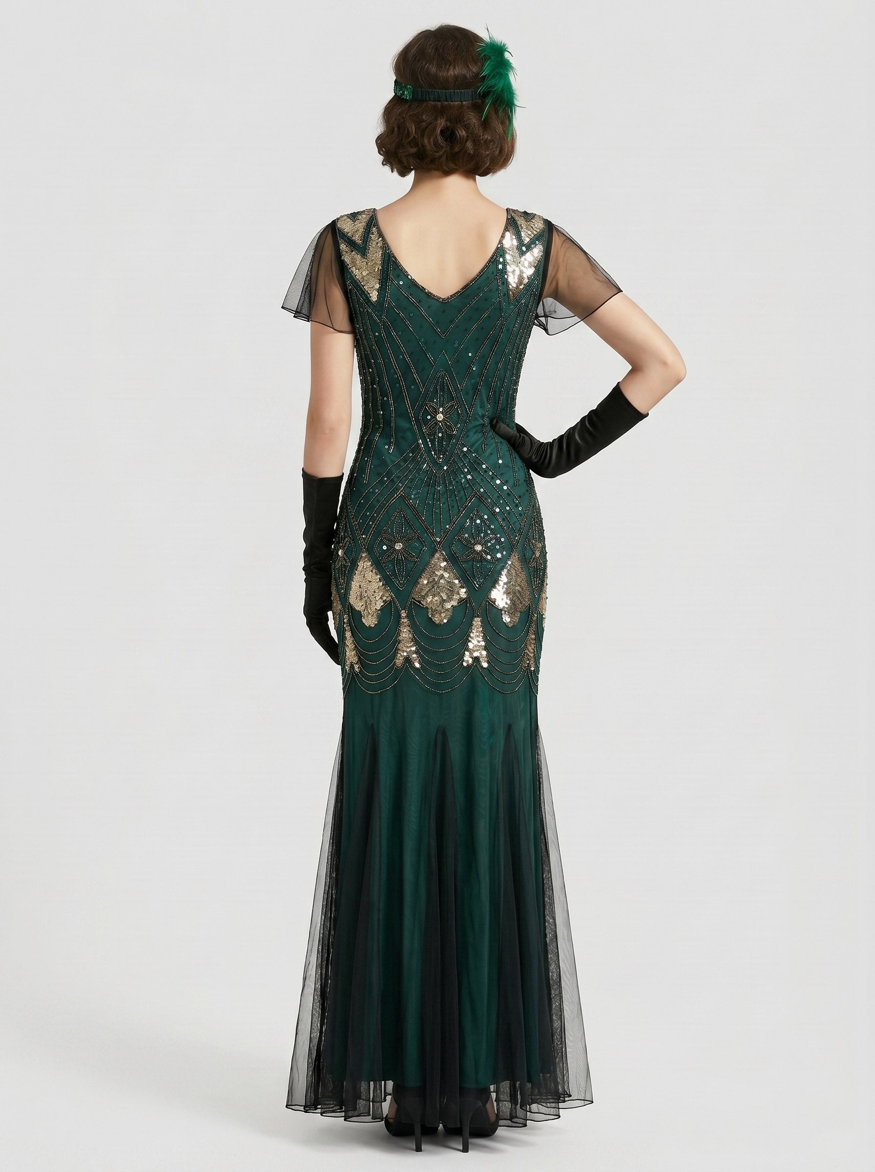 Great Gatsby Vintage Short Sleeves Floor-Length Sequins V-Neck Carnival for Women