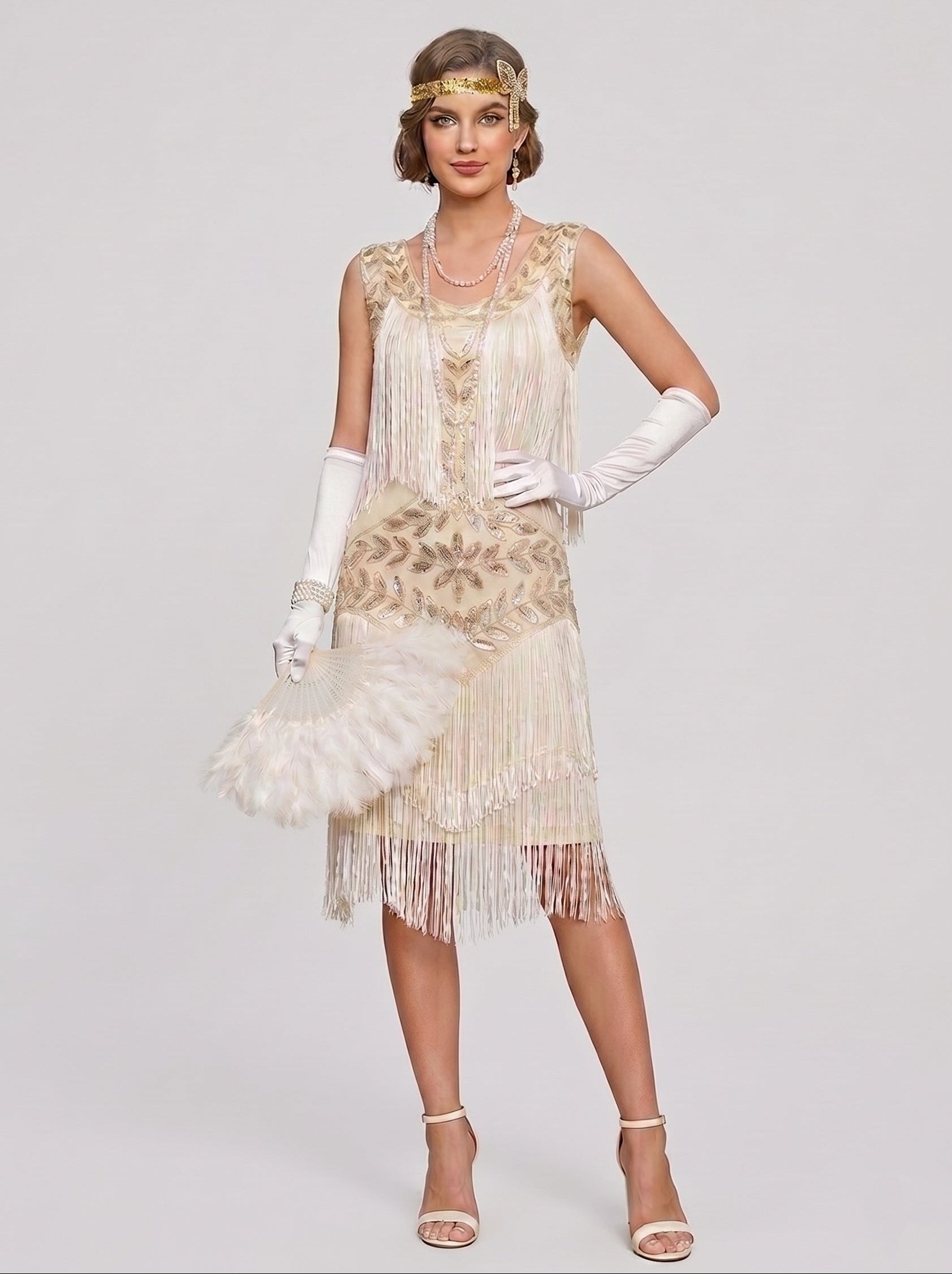 Great Gatsby Vintage Champagne Flapper Dress Knee-Length Sequins Tassel Fringe Scoop Carnival Halloween for Women