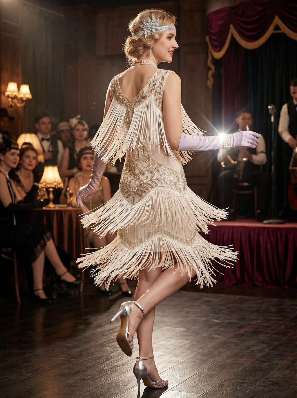Great Gatsby Vintage Champagne Flapper Dress Knee-Length Sequins Tassel Fringe Scoop Carnival Halloween for Women