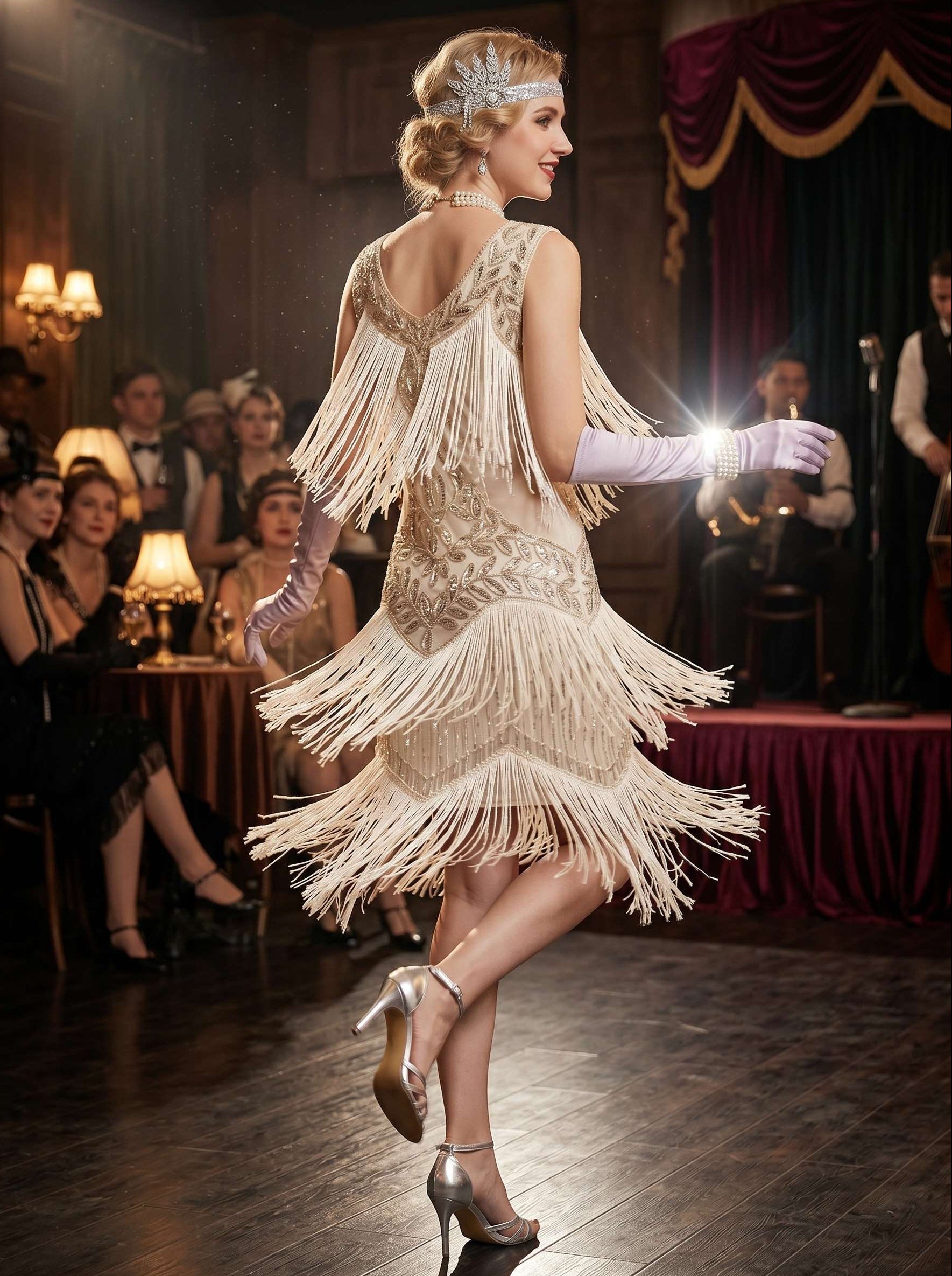 Great Gatsby Vintage Champagne Flapper Dress Knee-Length Sequins Tassel Fringe Scoop Carnival Halloween for Women