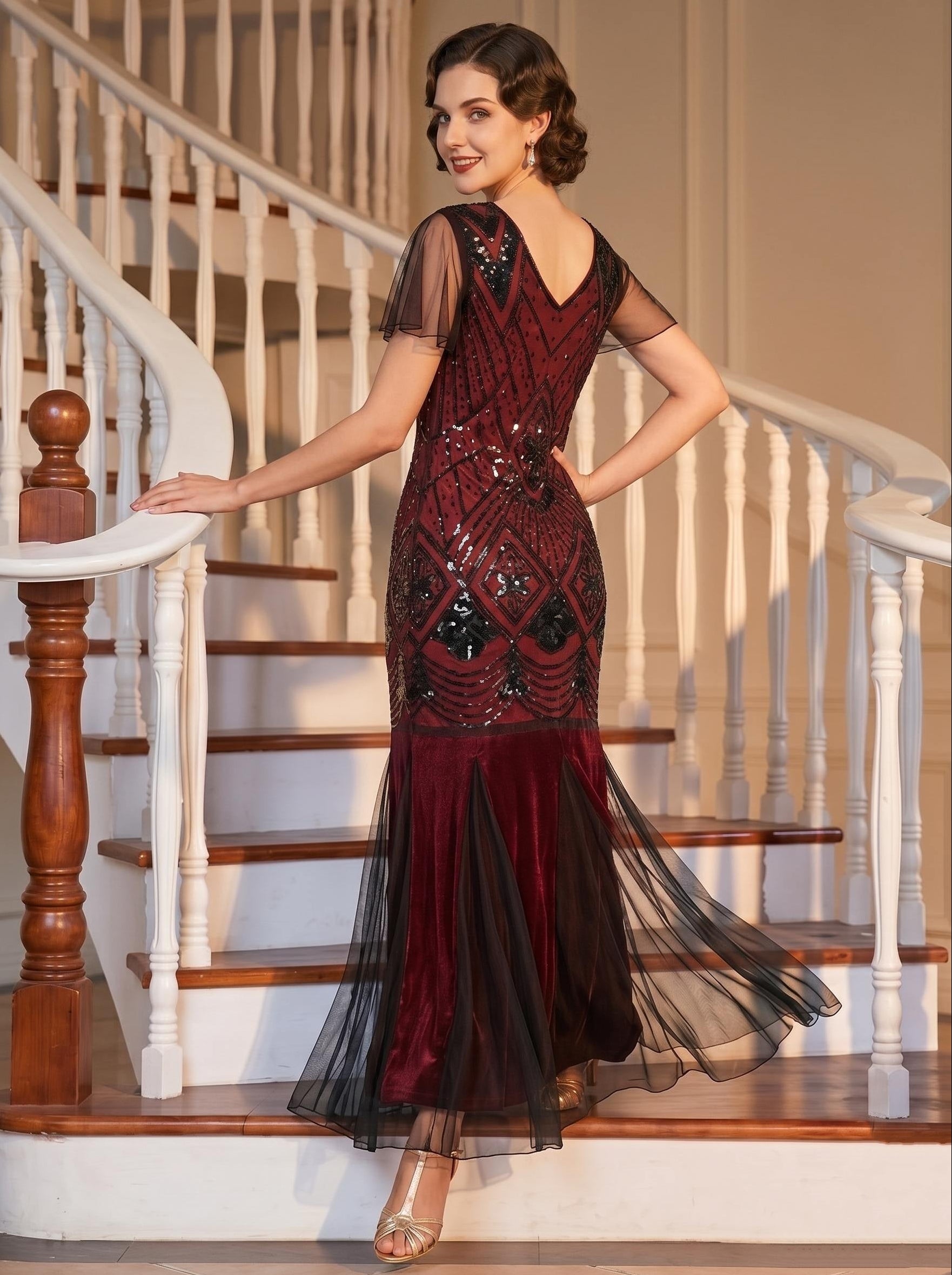 Great Gatsby Vintage Mermaid Ankle-Length Sequins V-Neck Women's Prom Evening Party for Women