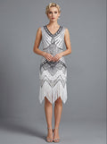Great Gatsby Vintage Flapper Dress Knee-Length Sequins Tassel Fringe V-Neck Carnival Women's Prom Evening Party for Women