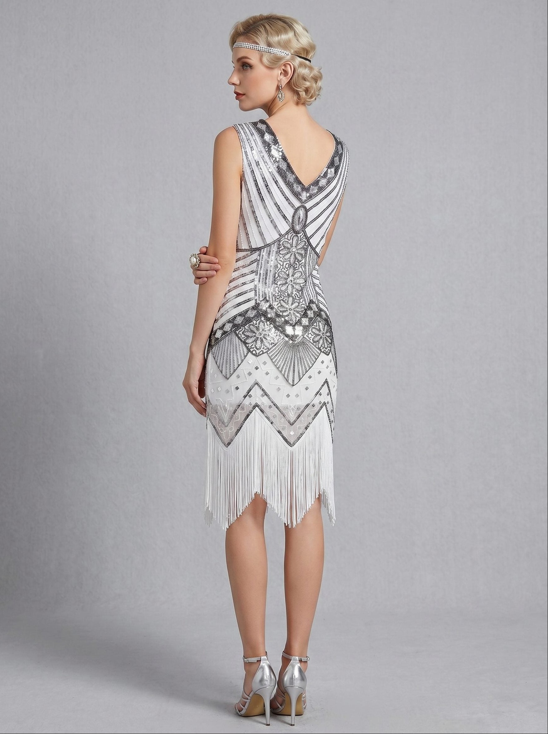 Great Gatsby Vintage Flapper Dress Knee-Length Sequins Tassel Fringe V-Neck Carnival Women's Prom Evening Party for Women
