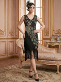 Great Gatsby Vintage Flapper Dress Knee-Length Sequins Tassel Fringe V-Neck Women's Club Evening Party for Women