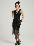 Great Gatsby Vintage Flapper Dress Knee-Length Sequins Tassel Fringe V-Neck Halloween Carnival for Women