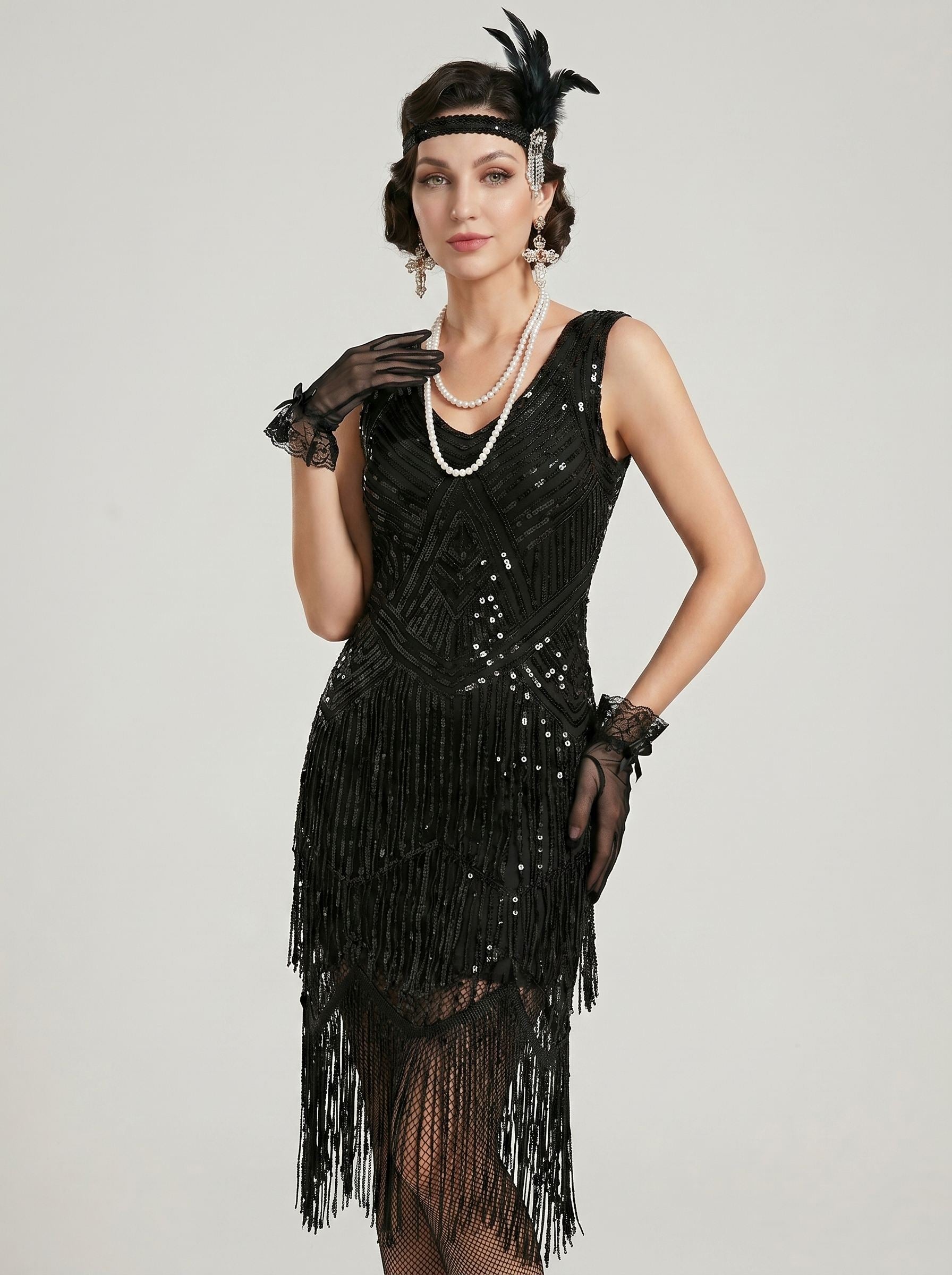 Great Gatsby Vintage Flapper Dress Knee-Length Sequins Tassel Fringe V-Neck Halloween Carnival for Women